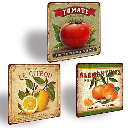 XIAOMA Lot de 3 Plaque Metal Vintage Cuisine Citron Tomate Clementines,Fruits Français Tableau Cuisine Decoration Murale,Pancarte en Métal Cadeau pour Maison...