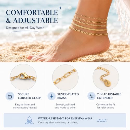 Image of AOZEL Gold /Silver Plated Anklet Bracelets for Women Waterproof Plus Size Cuban Link Chain Ankle Bracelet for Large Ankle 9-12inch