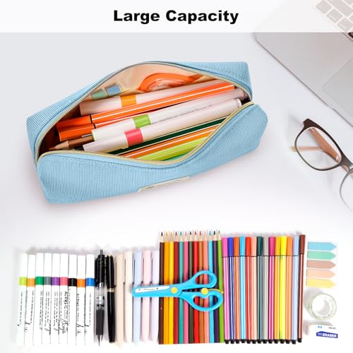 Image of FINPAC Pencil Case, Corduroy Aesthetic Makeup Bag, Cute Kawaii Pen Bag Pouch Holder Box Organize for Study, Office, or Travel (Ocean Blue)