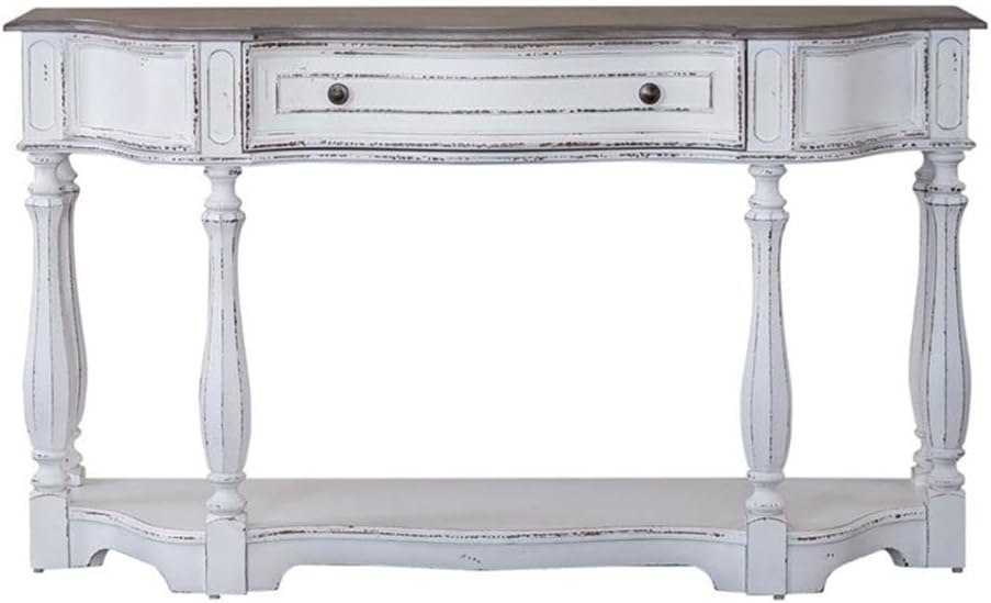 Pemberly Row Farmhouse 56" Hall Console Table, Antique White Finish, Poplar Solids with White Oak and Birch Veneers, Weathered Brown Whitewash Top, Full-Extension Drawer, Bottom Shelf, Classic Accent