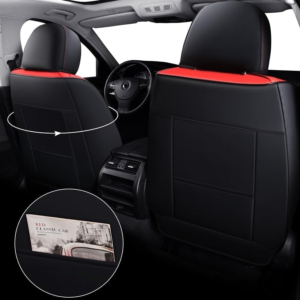 LK Full Set Car Seat Covers for Front Seats and Rear Seats, Luxury PU Leather Car Seat Pads Protectors Waterproof for Most Sedan SUV (Black red)