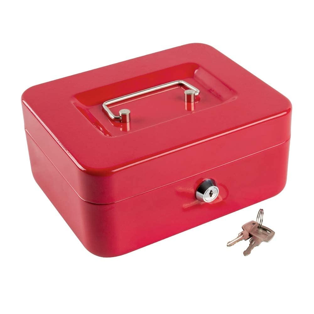 Cash Box with Key Lock, Metal Cash Box with Money Tray, Cash Register,5 Compartments Cantilever Tray & 4 Spring-Loaded Clips for Bills,11.81"x 9.45"x 3.54" (Red - Key Lock)-image-24