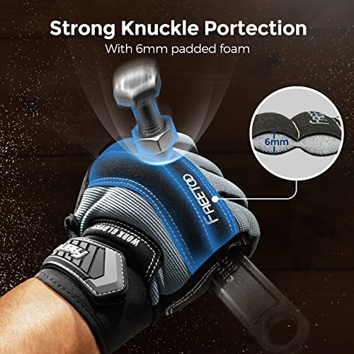 Freetoo Mechanic Work Gloves, [Full Palm Protection] [Excellent Grip] Working Gloves With Padded Leather For Men Women, Knuckle Impact Absorption Breathable Touchscreen Gloves For Garden Construction #TOP2