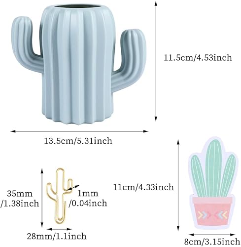 Miniatura 3 de Faddare Soporte para bolígrafos de cactus, soporte para lápices con 6 juegos de papel de notas de cactus y 15 clips de papel, soporte para brochas