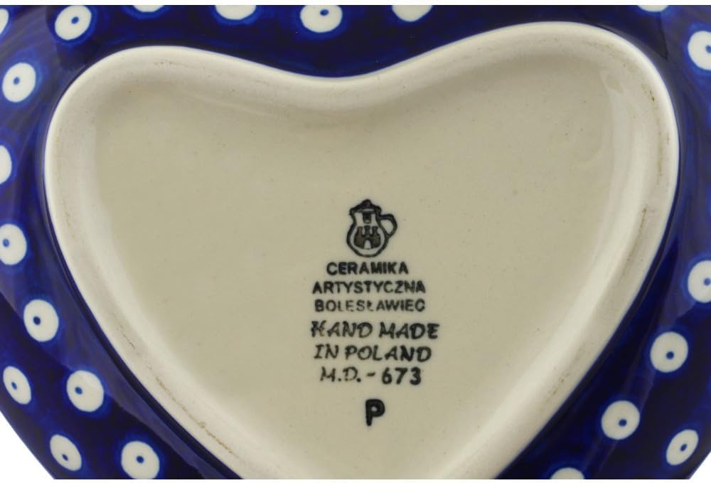 Polmedia Polish Pottery Heart Shaped Platter 7-inch - Bleeding Heart Peacock Pattern Handmade in Boleslawiec Poland by Ceramika Artystyczna + Certificate of Authenticity