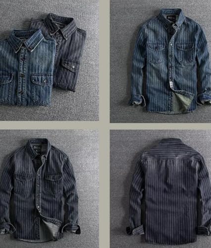 SevenBoy Mens Vintage Striped Denim Button-Down Shirt, Long Sleeve, Dual Front Pockets Casual Shirt Coat2