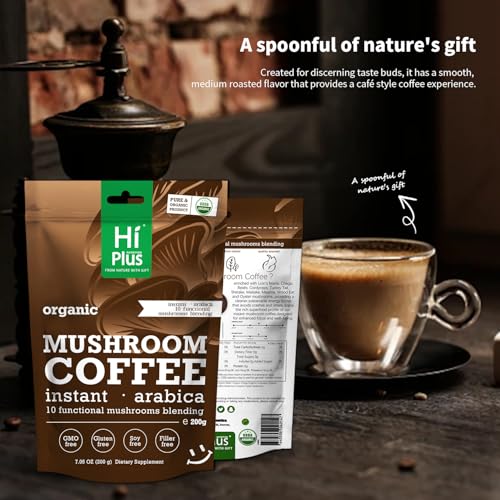 Organic 10-in-1 Mushroom Coffee Powder with Lion’s Mane & Reishi, Instant Arabica Blend for Smooth Energy, Focus & Immune Support, Low-Acid, 80 Servings
