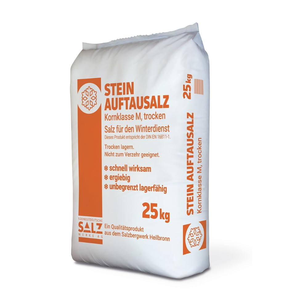 50 kg Stein Auftausalz (2 x 25 kg) Streumittel Streusalz KL-M Schnee Winter Eis Frost Premium inklusiv 1 Paar ARNOMED Einweghandschuh