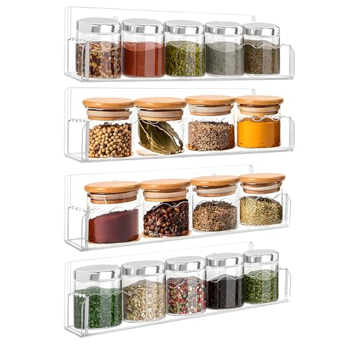 Douildhaiy 10 inch Spice Rack Wall Mounted,4 Pack Spice Organizer Shelf for Stove Cabinet Pantry Door, Adhesive or Screw Hanging Wall Spice Shelf Storage Holder in Kitchen and RV - Clear Color