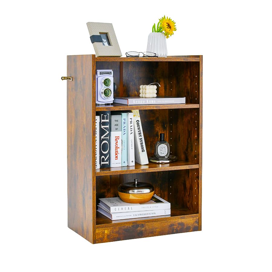 LDAILY 3 Cube Small Bookshelf, 3-Tier Modern Bookcase, Open Display Shelf with 18-Position Adjustable Shelves, Anti-toppling Device, Wood Cube Storage Organizer for Living Room, Kid's Room (1, Brown)