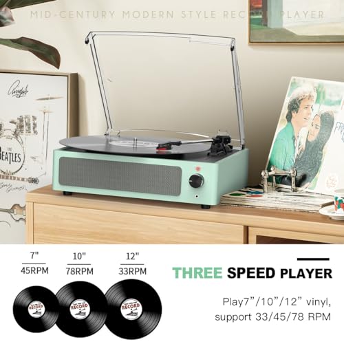 Image of Record Player for Vinyl with Speakers Turntable Vinyls Records Belt-Driven Turntables 3-Speed 3 Size Wireless Bluetooth Headphone AUX-in RCA Line LP Vinyl Players Auto Stop New Sleek Pale Green