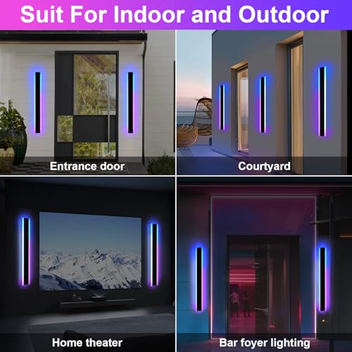 QueeuQ 2 Pack RGB Outdoor Long Wall Lights Fixture,40 inch Modern Outdoor LED Wall Light,Dimmable Outside Wall Sconce Linear Lights,Exterior Lighting Fixtures for Garage,Porch,Patio,Front Door — view 3