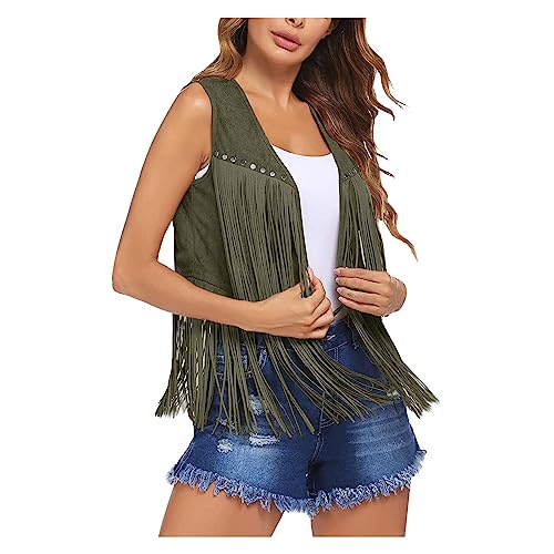Womens Faux Suede Ethnic Cardigan Sleeveless Open Front Tassels Fringed Vest 70s Hippie Vintage Western Jackets