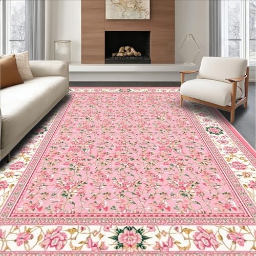 Image of ODIKA Flatwoven High Traffic Area Rug 4x6, Lush Vibrant Garden Aesthetic, Non Slip, Stain Resistant, Washable Area Rugs for Living Room, Bedroom (Pink, 4x6)