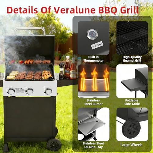 Image of Veralune 3 Burner Gas Grill, Outdoor Propane Grill with Wheels, 445 SQ. IN | Garden Barbecue Grill, 36000 BTU, Folding Side Tables, Cast Iron Cooking Grates for, Outdoor Cooking