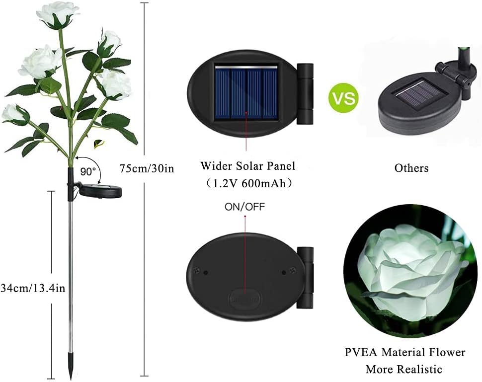 Solar Garden Rose Lights, Decorman 2 Pack Realistic Solar Outdoor Flower Lights Waterproof LED Stake Landscape Decorative Lights with 10 Roses for Garden, Lawn, Yard, Pathway, Patio, Backyard (White)