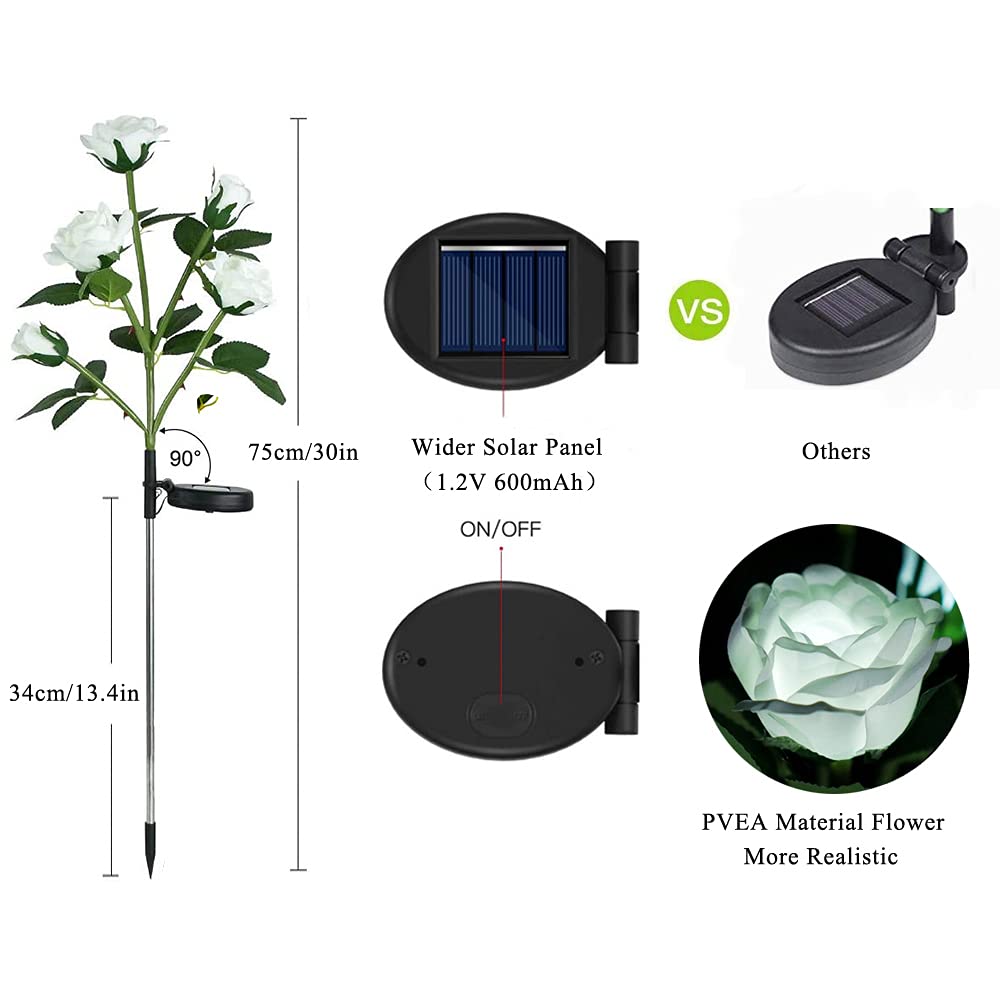 Solar-Gartenlichter, 2 Stück, realistische Solar-Outdoor-Blumenlichter, wasserdichte LED-Erdspieß, Landschaft, dekorative Lichter mit 5 Rosen für Garten, Rasen, Terrasse, Hinterhof (weiß)