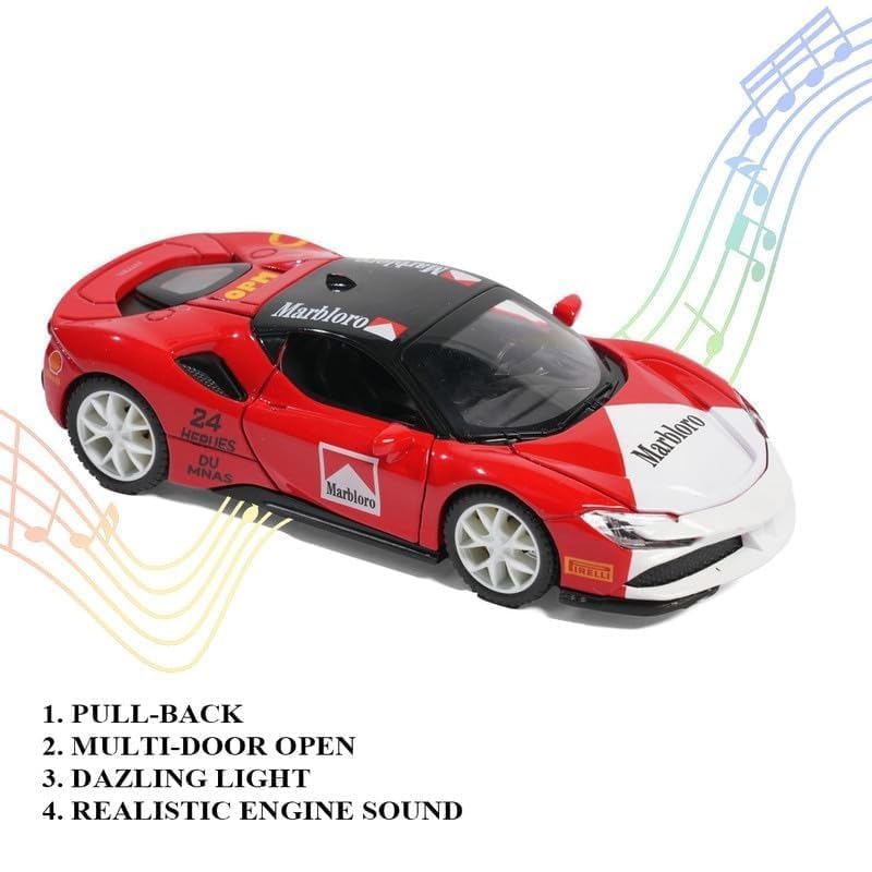Image of Scale 1:32 Ferrari MARBLORO Alloy Diecast Pullback Metal Car Toy with Sound Light & Opening Doors - Best Gift Toy for Kids | Color as per Stock
