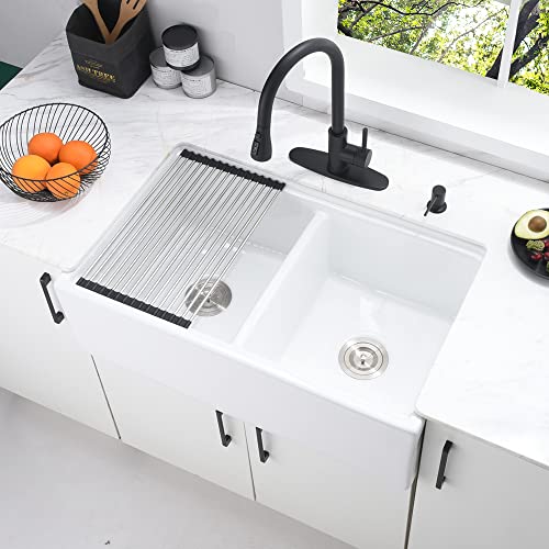 33 Inch White Double Bowl Farmhouse Sink Workstation-Bokaiya 33X20 Fireclay Farmhouse Sink Apron Front Sink White Porcelain Ceramic Reversible 50/50 Double Bowl Kitchen Sink With Accessories #TOP3