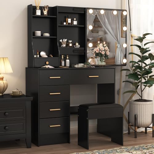 Puselo Table de maquillage noire avec miroir LED, luminosité réglable, table de toilette avec 6...