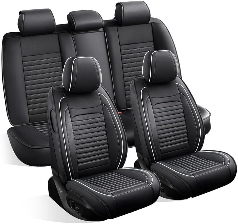 Car Seat Covers Full Set Fit for VW/Volkswagen Tiguan 2009-2026, Premium Faux Leather Car Seat Protectors,Breathable Anti-Slip Full Wrapping Edge Seat Covers(Black&White,Full Set)