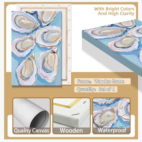 Image of Pastel Blue Oyster Shell Poster Abstract Coastal Shell Canvas Wall Art Funky Colorful Summer Beachy Picture Prints Painting For Home Living Room Kitchen Restaurant Wall Decor 8x12in Framed