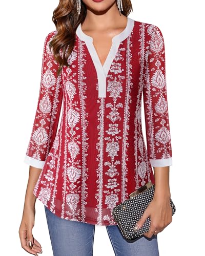 Image of Timeson Women's Short Sleeve V Neck Blouses Shirts Floral Double Layers Mesh Tunics Tops