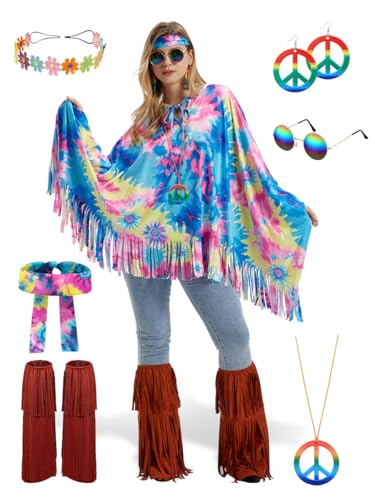 Geehora Traje hippie de mulher completo, poncho Flower Power anos 70, com franjas e acessórios para carnaval e festa temática (A)