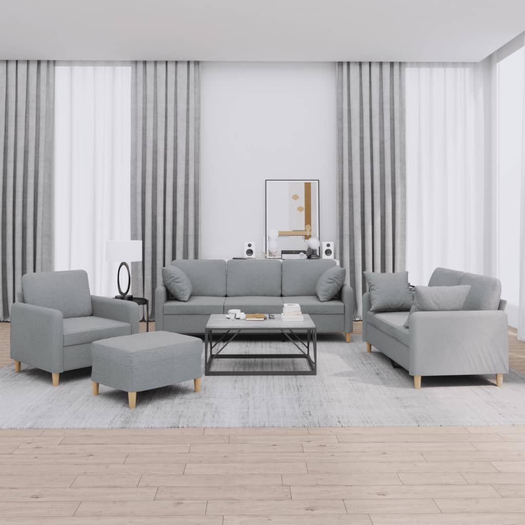 Conjunto de 4 piezas para salón, color gris claro, 198 x 77 x 80 cm, de tela, con sillón, 2 plazas, 3 plazas, taburete y cojín, moderno, resistente, para salón, hogar, oficina, balcón