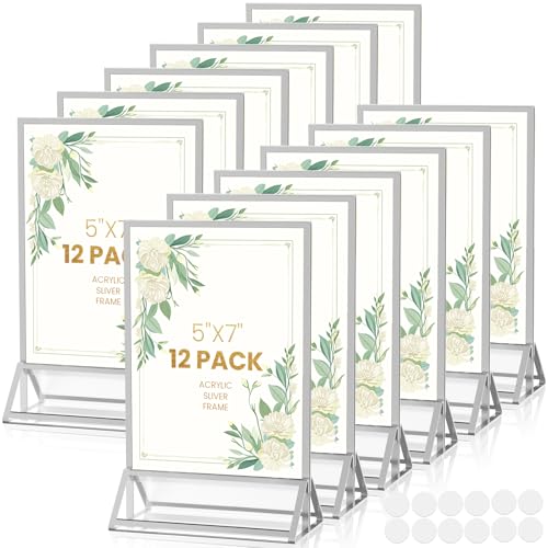 5X7 Sliver Frames Acrylic Sign Holder Double-Sided Silver Picture Frame 5x7 for Menu Holder Wedding Table Number Holder Christmas Photo Frames with Removable Sticky Dots -12 Pack 5X7-Sliver-