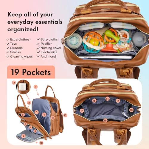 Image of Dikaslon Leather Diaper Bag Backpack with Portable Changing Pad, Pacifier Case and Stroller Straps, Large Unisex Baby Bags for Boys Girls, Multipurpose Travel Back Pack for Moms Dads, Dark Brown