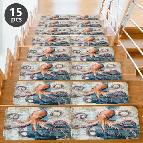 Alfombra para escaleras antideslizante Ocean Kraken de pulpo vintage interior 15 uds 6