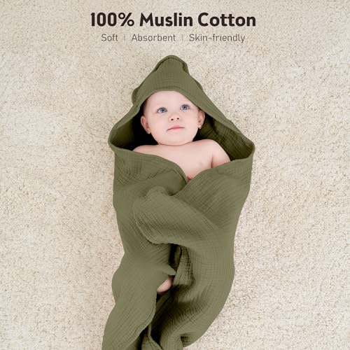Image of Susurration Hooded Baby Towels for Newborn 2 Pack 100% Muslin Cotton Towel for Babies，Highly Absorbent and Newborn Essential 30x30 Inch Cream&Dark Green