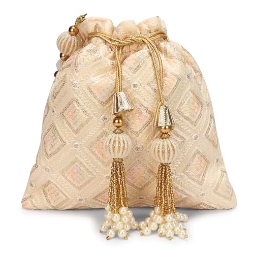 Image of LONGING TO BUY Indian Embroidered Pearl Potli Bag For Women, Sequence Design with Tassel, Wedding Potli Bags