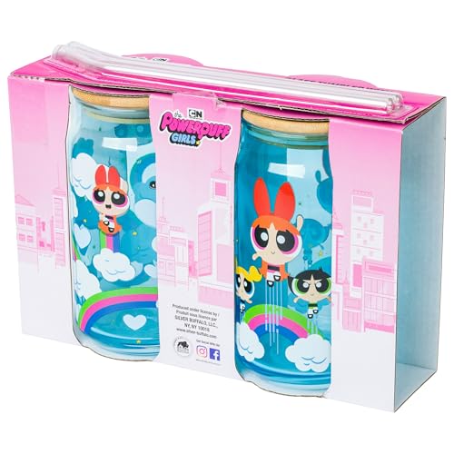 Image of Silver Buffalo Powerpuff Girls Trio Flying Rainbows and Clouds Blue 2pk 16oz Glass Tumbler w Bamboo Lid and Glass Straw Set