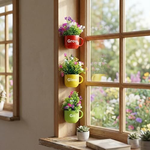 Image of Dekorly Wall Hanging Mug Planters with Artificial Flowers (20CM) - Decorative Hanging Cups, Colorful Floral Wall Decor for Living Room Bedroom Balcony Office Gift Set (3, Grow Glow Go)