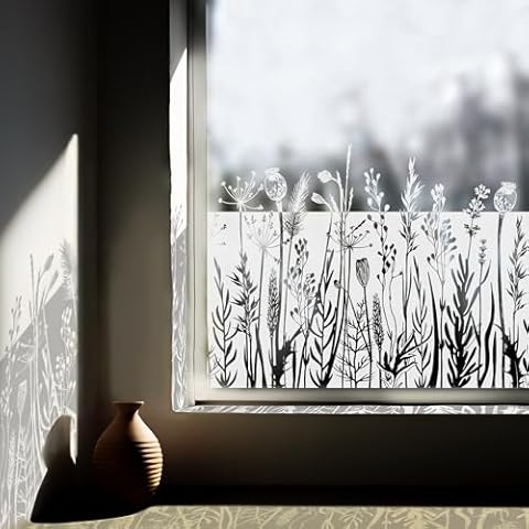ChicSkin Pure White Frosted Privacy Stained Glass Window Border Film, Removable Transparent Floral Static Cling for Glass Window, White Glass Window Sticker Meadow Flower Dandelion 59.06"X22.83" Cover