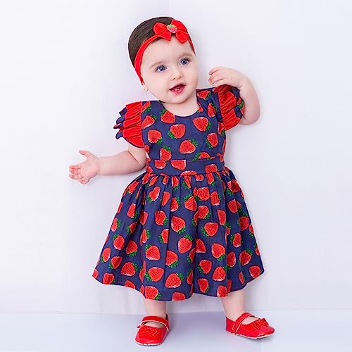 Vestido de Bebê Roupa Menina Infantil Com Tiara 100% Algodão - Mundo Nina - Morango Tamanhos:M (4-6