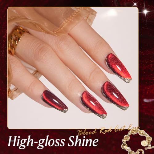Image of AZUREBEAUTY 18ML Red Ruby Cat Eye Magnetic Gel Nail Polish | Red Glitter Gel Polish Magnetic Shimmer Effect Soak Off UV French Nail Art Design Salon DIY Manicure Gift for Women