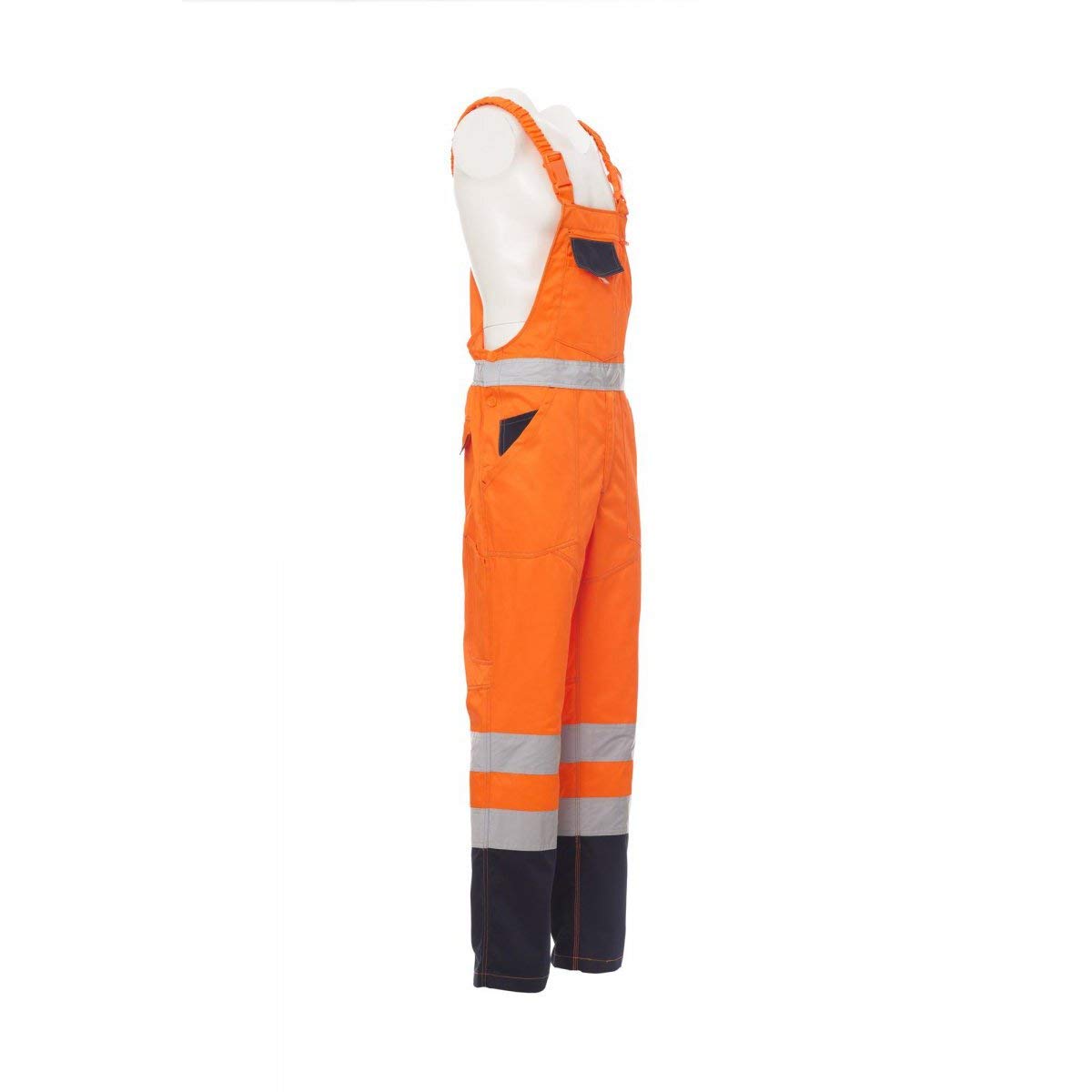 PAYPER Skill Tuta Pettorina da Lavoro Alta visibilità Unisex Uomo Donna Misto Cotone Poliestere Bretelle Elasticizzate Apertura Laterale Tasche al Petto Arancione Fluo/Blu Navy (M)
