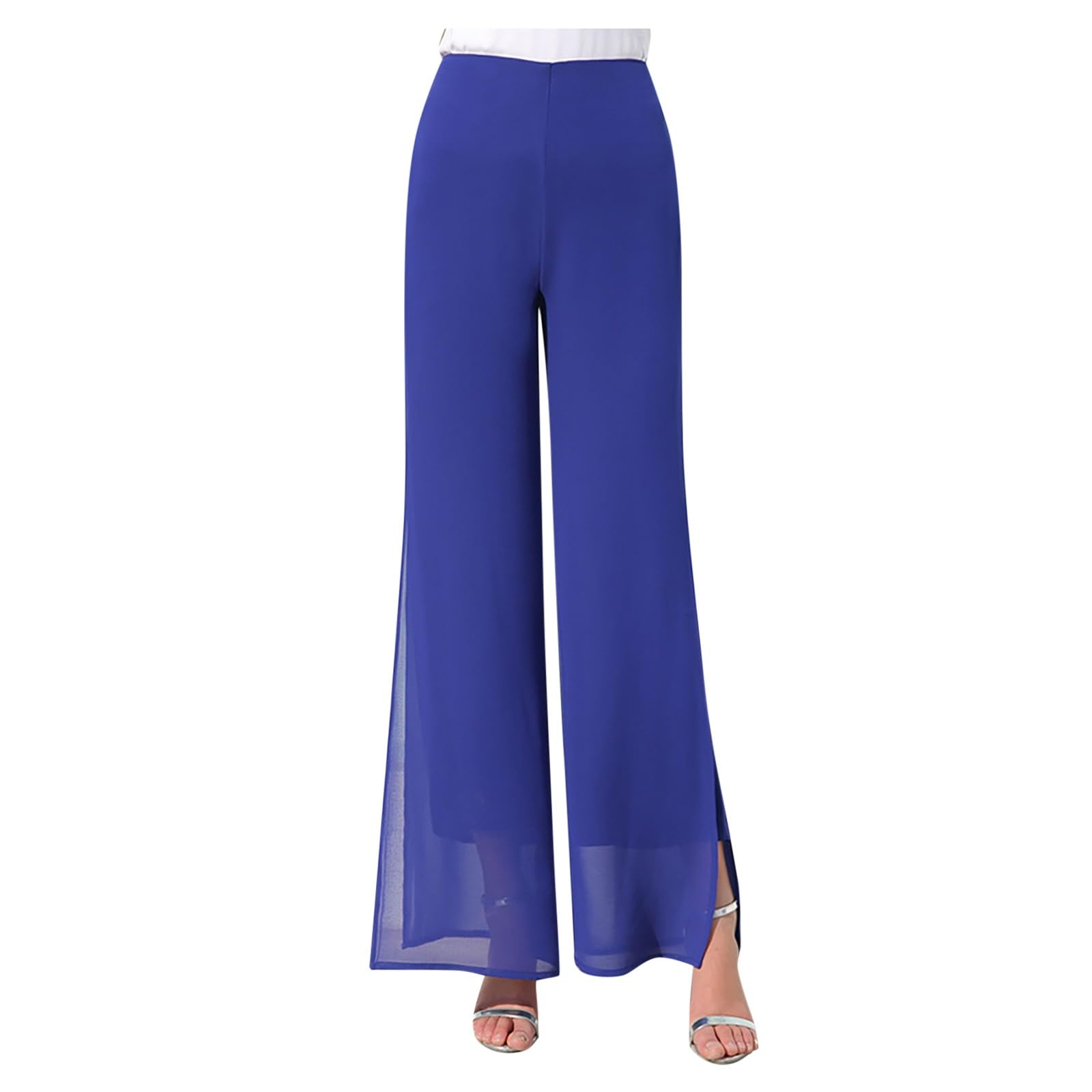 Womens Lightweight Chiffon Flowy Wide Leg Dress Pants High Elastic Waisted Trousers Flared Business Casual Pants