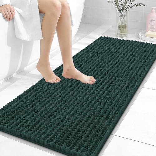 Image of OLANLY Long Bathroom Rugs Runner 47x20, Thick Soft and Absorbent Chenille Bath Mat, Non-Slip, Machine Washable Quick Dry Bath Rugs for Tub Shower Floor, Home Decor Accessories, Blackish Green