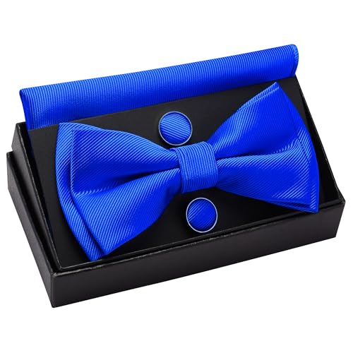 Image of GUSLESON Mens Solid Color Two Layer Pre-tied Bow Tie and Pocket Square Cufflink Set with Gift Box