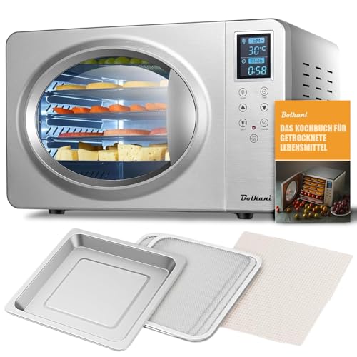 Bolkani Déshydrateur automatique en acier inoxydable 500 W avec minuterie et écran tactile, 20 à 90 °C, 6 grilles en acier inoxydable, bac d'égouttement, 2 tapis antiadhésifs, circulation silencieuse