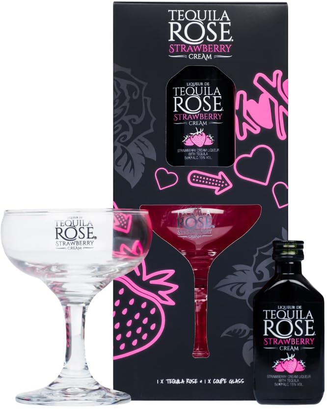 – Tequila Rose Liqueur Gifts for Women - Miniature Alcohol Bottles Strawberry Cream Liqueur 5cl with Coupe Glass Gift Set. Christmas Gifts for Womem, Stocking Fillers, Birthday Gifts for Mum
