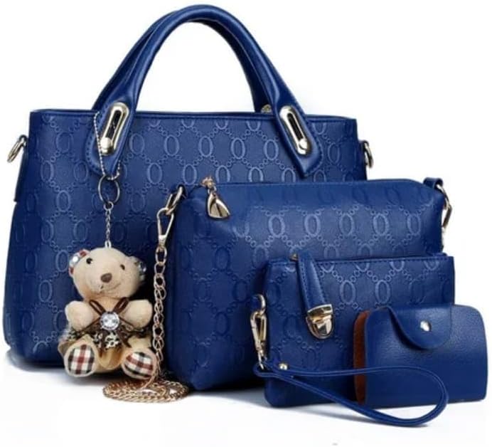5-Piece Women’s Handbag Set – Elegant Blue PU Leather Tote Bag with Shoulder Bag Crossbody Wallet & Clutch – Stylish Purse Set with Teddy Keychain, M