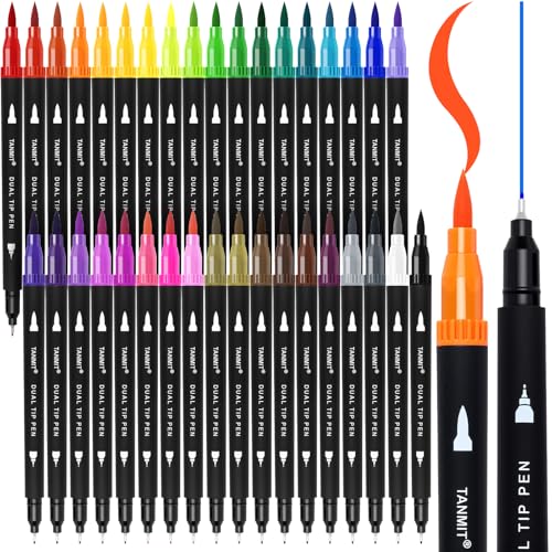 TANMIT Rotuladores de doble pincel de 36 colores para libros de colorear para adultos, marcadores de arte de punta fina y pincel con tapa de color, proveedores de arte estéticos lindos para diario