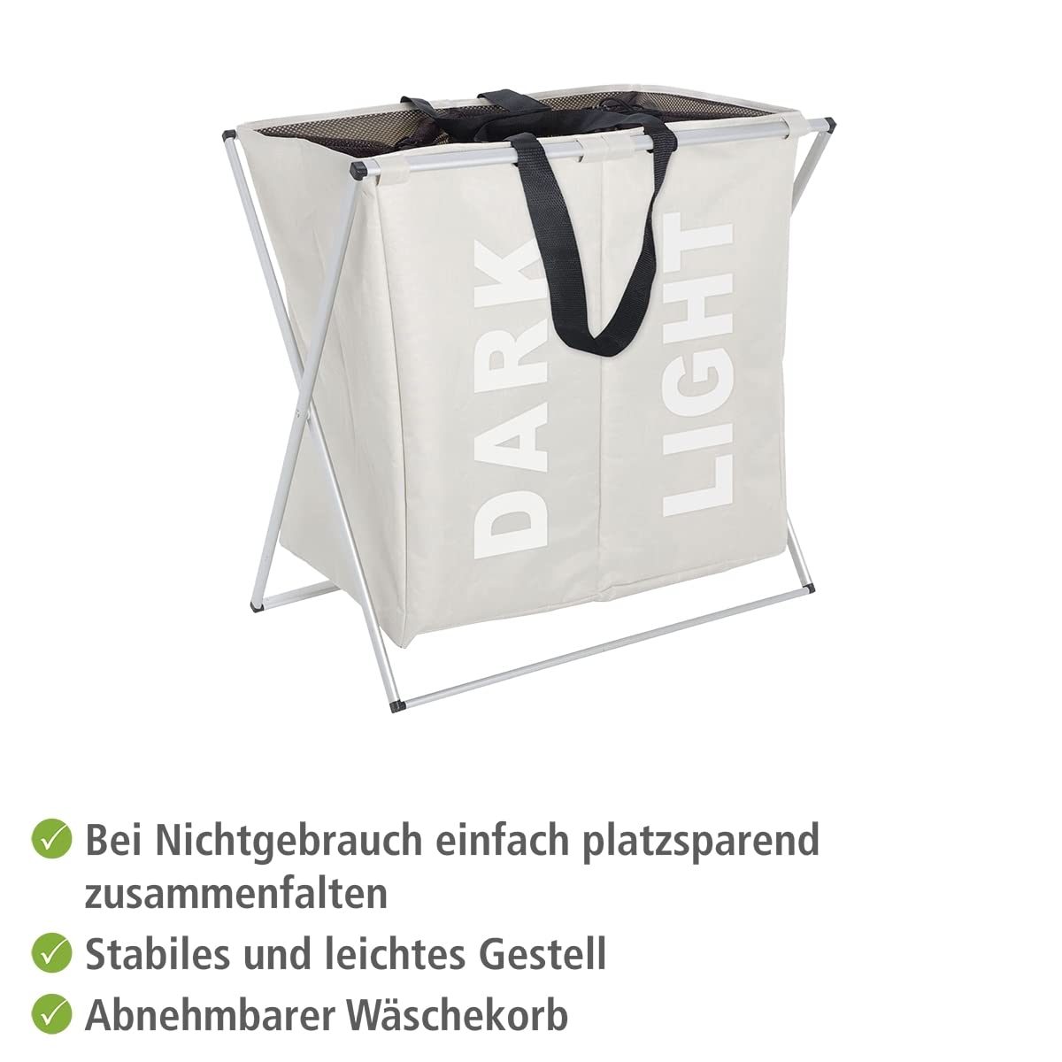 Wenko 3440112100 Portabiancheria Duo Crema, 2 Scomparti per la Biancheria, Pieghevole, Poliestere, Alluminio, 38 x 57 x 59 cm, Beige/Argento