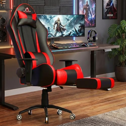 Image of ASE GAMING Gold Series Ergonomic Gaming Chair with Footrest Premium PU Leather, Adjustable Neck & Lumbar Pillow, 180 Degree Recline with Black Metal Base with 3 Years Warranty (Red)