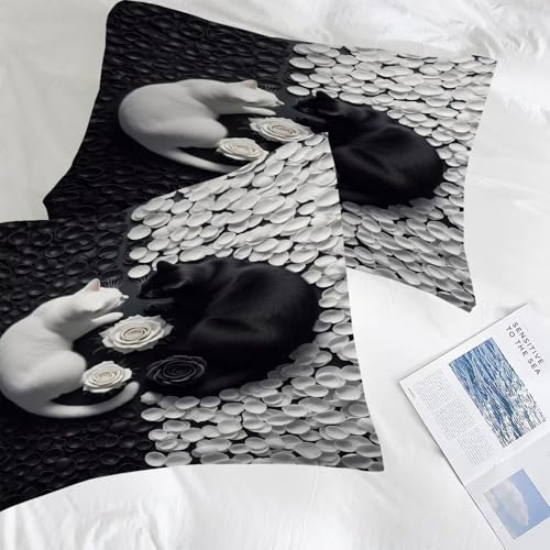 Image of Rose Cat Comforter Set Full Size Cute Black and White Animal Bedding Sets for Girls Boys Kids Adults Bedroom Decor Lover Romantic Quilt 1 Comforter 2 Pillowcases